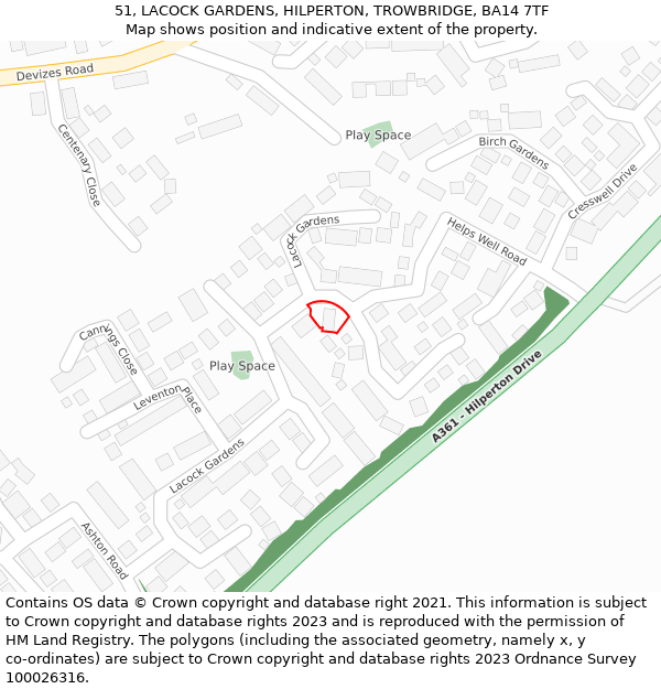 51, LACOCK GARDENS, HILPERTON, TROWBRIDGE, BA14 7TF: Location map and indicative extent of plot