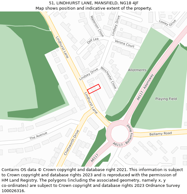 51, LINDHURST LANE, MANSFIELD, NG18 4JF: Location map and indicative extent of plot