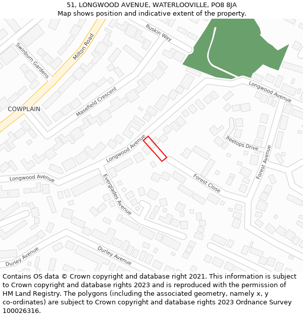 51, LONGWOOD AVENUE, WATERLOOVILLE, PO8 8JA: Location map and indicative extent of plot