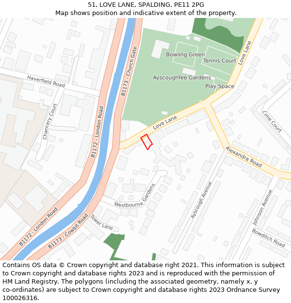 51, LOVE LANE, SPALDING, PE11 2PG: Location map and indicative extent of plot