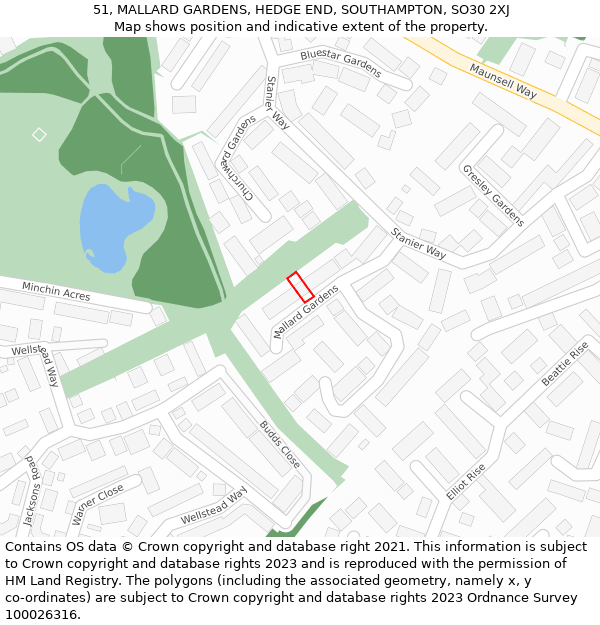 51, MALLARD GARDENS, HEDGE END, SOUTHAMPTON, SO30 2XJ: Location map and indicative extent of plot