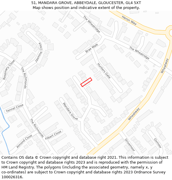 51, MANDARA GROVE, ABBEYDALE, GLOUCESTER, GL4 5XT: Location map and indicative extent of plot