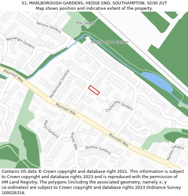 51, MARLBOROUGH GARDENS, HEDGE END, SOUTHAMPTON, SO30 2UT: Location map and indicative extent of plot