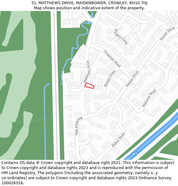 51, MATTHEWS DRIVE, MAIDENBOWER, CRAWLEY, RH10 7HJ: Location map and indicative extent of plot