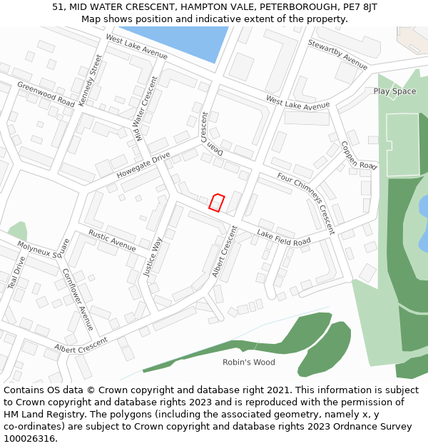 51, MID WATER CRESCENT, HAMPTON VALE, PETERBOROUGH, PE7 8JT: Location map and indicative extent of plot