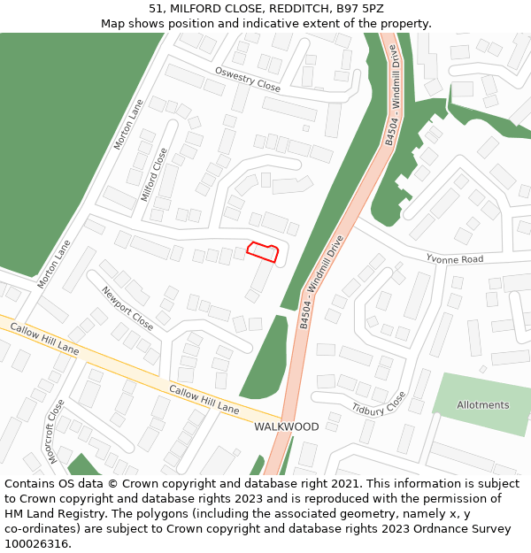 51, MILFORD CLOSE, REDDITCH, B97 5PZ: Location map and indicative extent of plot