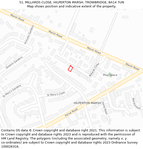 51, MILLARDS CLOSE, HILPERTON MARSH, TROWBRIDGE, BA14 7UN: Location map and indicative extent of plot