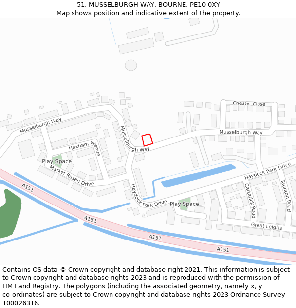 51, MUSSELBURGH WAY, BOURNE, PE10 0XY: Location map and indicative extent of plot