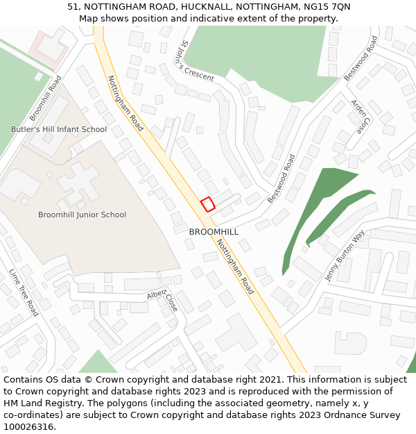 51, NOTTINGHAM ROAD, HUCKNALL, NOTTINGHAM, NG15 7QN: Location map and indicative extent of plot