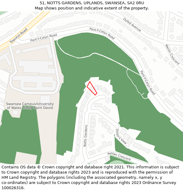 51, NOTTS GARDENS, UPLANDS, SWANSEA, SA2 0RU: Location map and indicative extent of plot