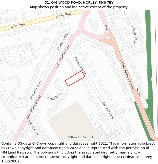 51, OAKWOOD ROAD, HORLEY, RH6 7BY: Location map and indicative extent of plot