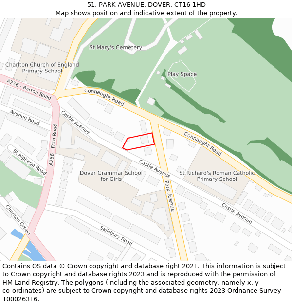 51, PARK AVENUE, DOVER, CT16 1HD: Location map and indicative extent of plot