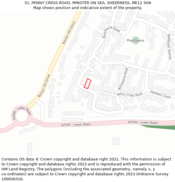 51, PENNY CRESS ROAD, MINSTER ON SEA, SHEERNESS, ME12 3AN: Location map and indicative extent of plot