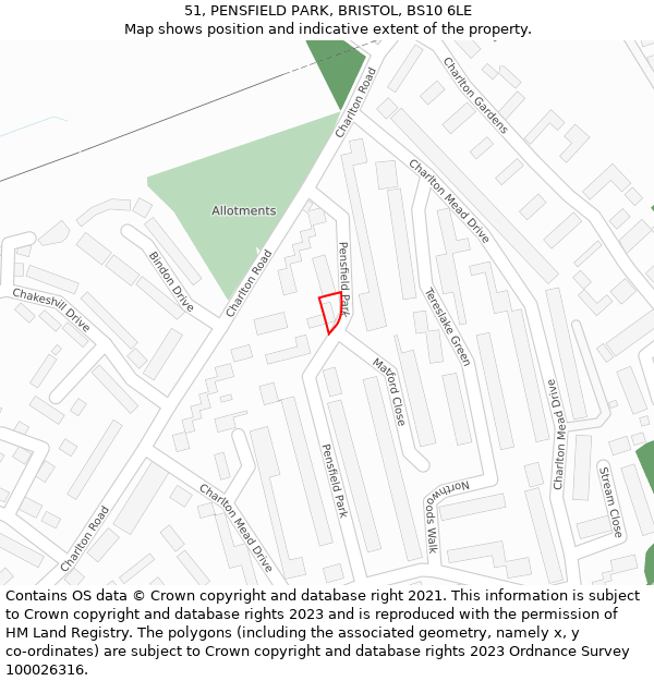 51, PENSFIELD PARK, BRISTOL, BS10 6LE: Location map and indicative extent of plot