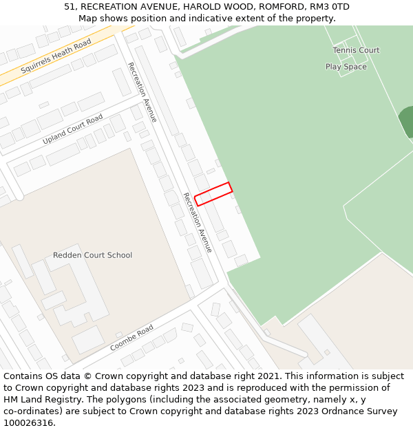 51, RECREATION AVENUE, HAROLD WOOD, ROMFORD, RM3 0TD: Location map and indicative extent of plot