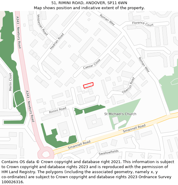 51, RIMINI ROAD, ANDOVER, SP11 6WN: Location map and indicative extent of plot