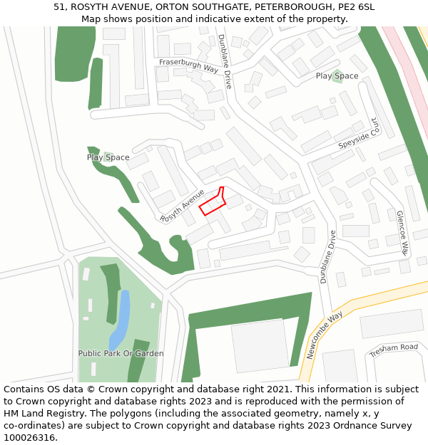 51, ROSYTH AVENUE, ORTON SOUTHGATE, PETERBOROUGH, PE2 6SL: Location map and indicative extent of plot