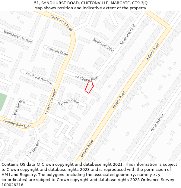 51, SANDHURST ROAD, CLIFTONVILLE, MARGATE, CT9 3JQ: Location map and indicative extent of plot