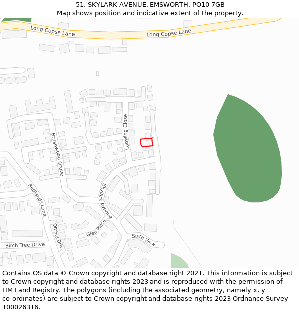 51, SKYLARK AVENUE, EMSWORTH, PO10 7GB: Location map and indicative extent of plot