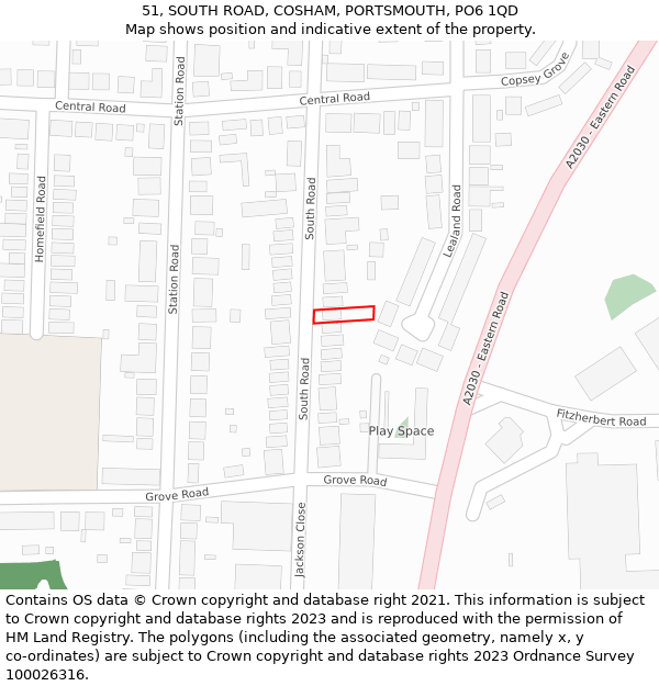 51, SOUTH ROAD, COSHAM, PORTSMOUTH, PO6 1QD: Location map and indicative extent of plot