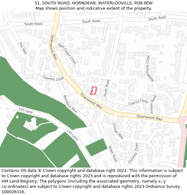 51, SOUTH ROAD, HORNDEAN, WATERLOOVILLE, PO8 0EW: Location map and indicative extent of plot