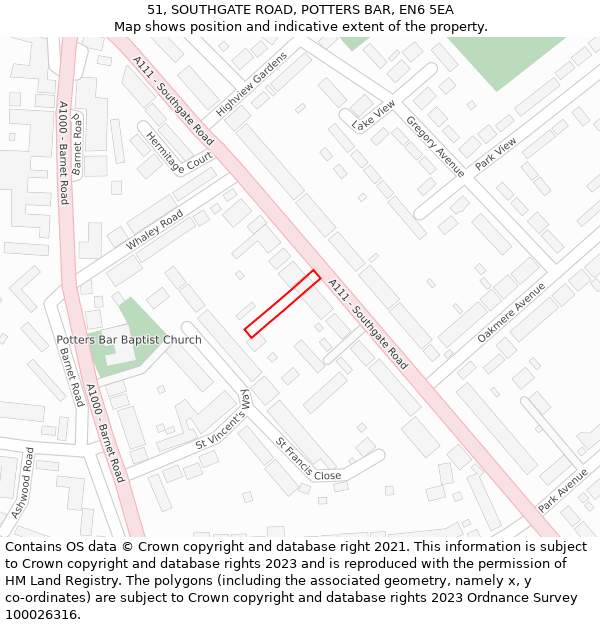 51, SOUTHGATE ROAD, POTTERS BAR, EN6 5EA: Location map and indicative extent of plot