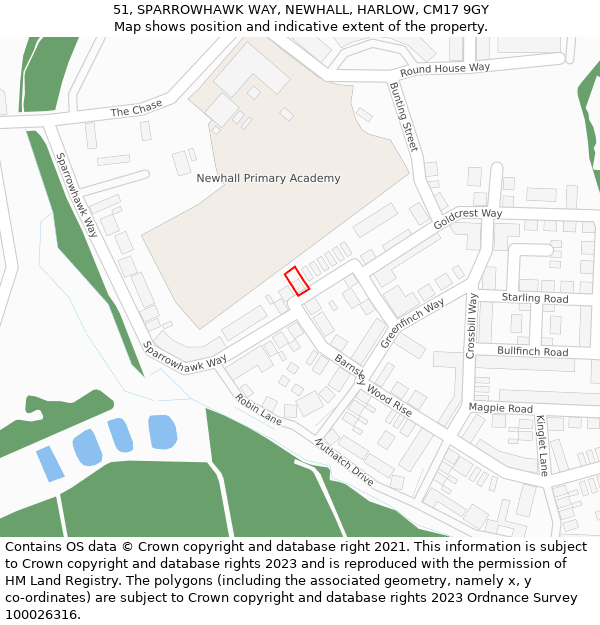 51, SPARROWHAWK WAY, NEWHALL, HARLOW, CM17 9GY: Location map and indicative extent of plot