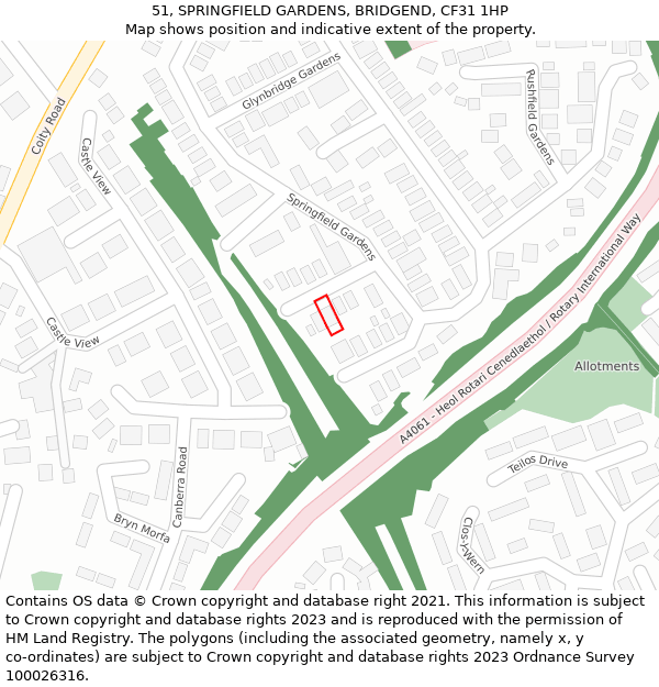 51, SPRINGFIELD GARDENS, BRIDGEND, CF31 1HP: Location map and indicative extent of plot