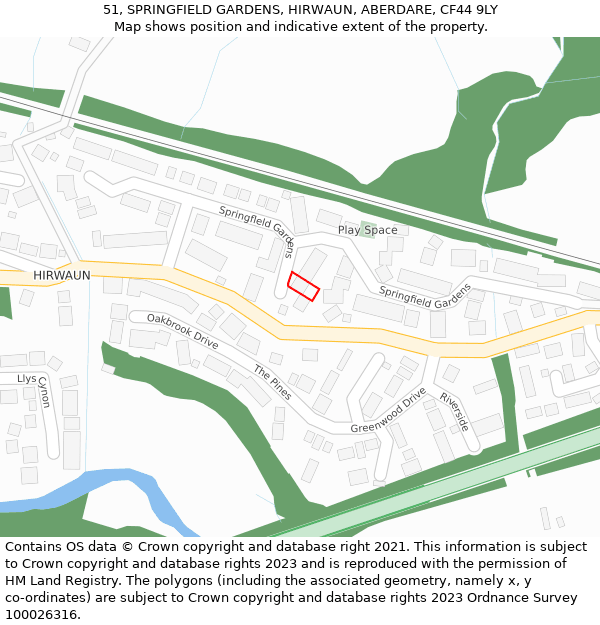 51, SPRINGFIELD GARDENS, HIRWAUN, ABERDARE, CF44 9LY: Location map and indicative extent of plot