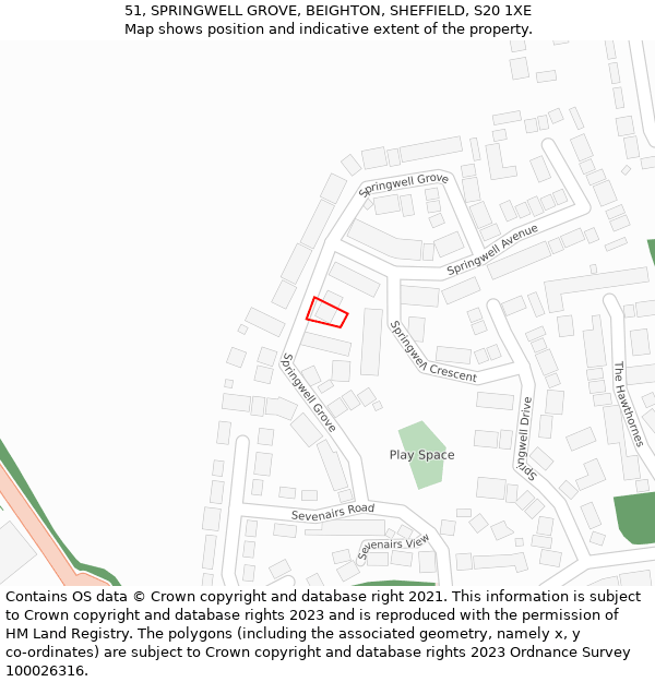 51, SPRINGWELL GROVE, BEIGHTON, SHEFFIELD, S20 1XE: Location map and indicative extent of plot