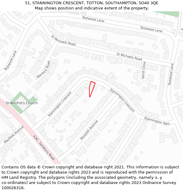 51, STANNINGTON CRESCENT, TOTTON, SOUTHAMPTON, SO40 3QE: Location map and indicative extent of plot