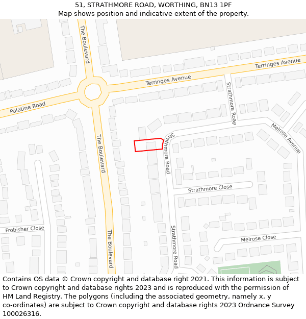 51, STRATHMORE ROAD, WORTHING, BN13 1PF: Location map and indicative extent of plot
