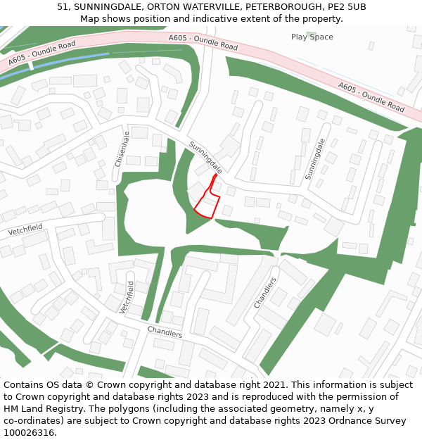 51, SUNNINGDALE, ORTON WATERVILLE, PETERBOROUGH, PE2 5UB: Location map and indicative extent of plot