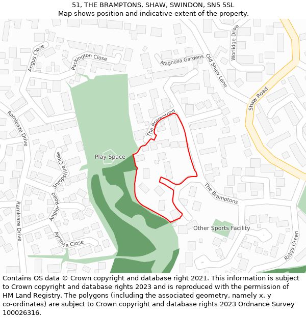 51, THE BRAMPTONS, SHAW, SWINDON, SN5 5SL: Location map and indicative extent of plot