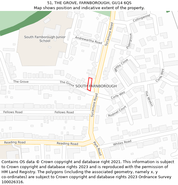 51, THE GROVE, FARNBOROUGH, GU14 6QS: Location map and indicative extent of plot