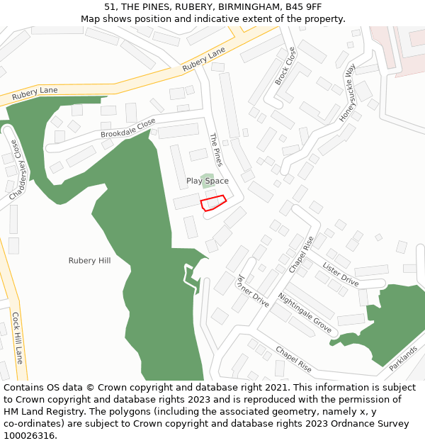 51, THE PINES, RUBERY, BIRMINGHAM, B45 9FF: Location map and indicative extent of plot
