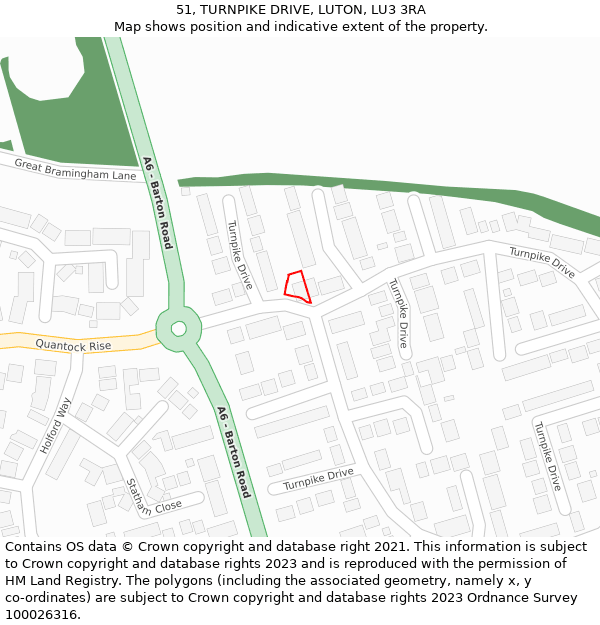 51, TURNPIKE DRIVE, LUTON, LU3 3RA: Location map and indicative extent of plot