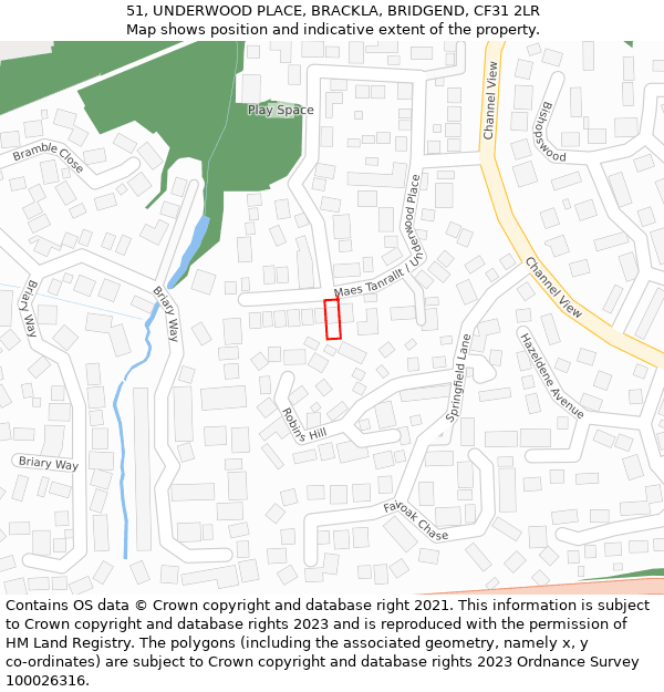 51, UNDERWOOD PLACE, BRACKLA, BRIDGEND, CF31 2LR: Location map and indicative extent of plot