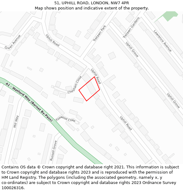 51, UPHILL ROAD, LONDON, NW7 4PR: Location map and indicative extent of plot