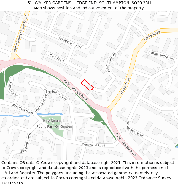 51, WALKER GARDENS, HEDGE END, SOUTHAMPTON, SO30 2RH: Location map and indicative extent of plot