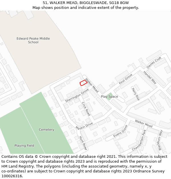 51, WALKER MEAD, BIGGLESWADE, SG18 8GW: Location map and indicative extent of plot