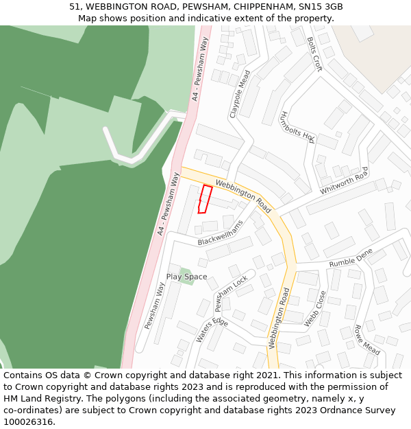 51, WEBBINGTON ROAD, PEWSHAM, CHIPPENHAM, SN15 3GB: Location map and indicative extent of plot