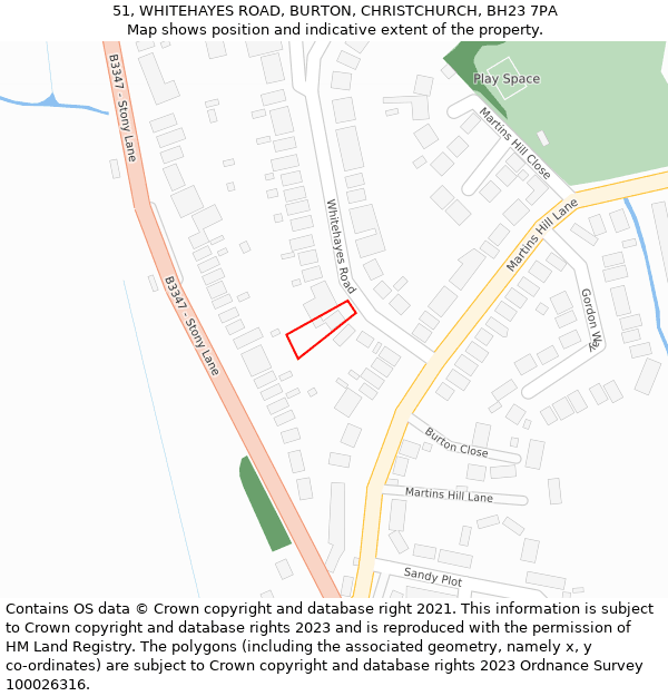 51, WHITEHAYES ROAD, BURTON, CHRISTCHURCH, BH23 7PA: Location map and indicative extent of plot