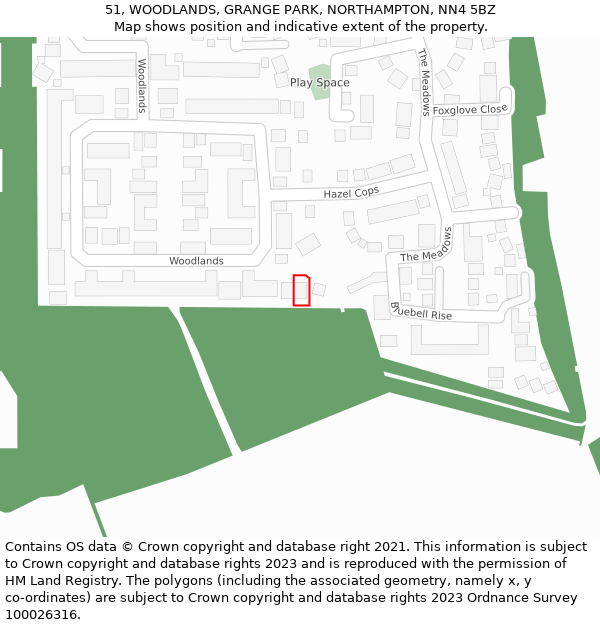 51, WOODLANDS, GRANGE PARK, NORTHAMPTON, NN4 5BZ: Location map and indicative extent of plot