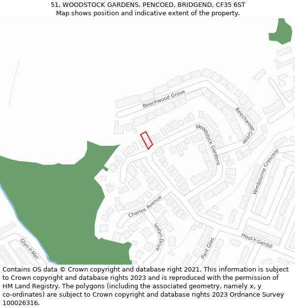 51, WOODSTOCK GARDENS, PENCOED, BRIDGEND, CF35 6ST: Location map and indicative extent of plot
