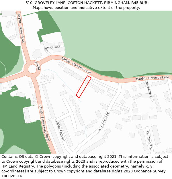 510, GROVELEY LANE, COFTON HACKETT, BIRMINGHAM, B45 8UB: Location map and indicative extent of plot