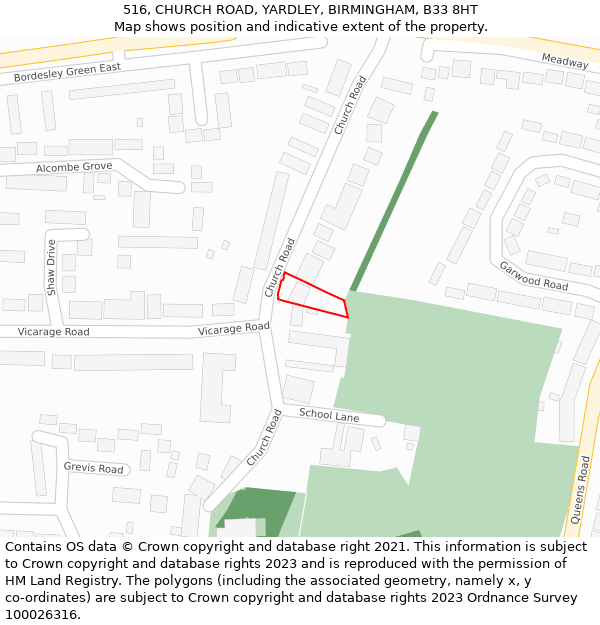 516, CHURCH ROAD, YARDLEY, BIRMINGHAM, B33 8HT: Location map and indicative extent of plot