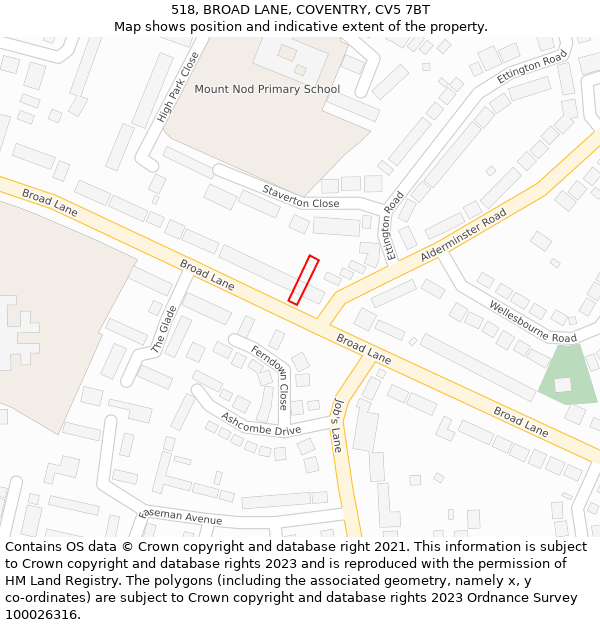 518, BROAD LANE, COVENTRY, CV5 7BT: Location map and indicative extent of plot