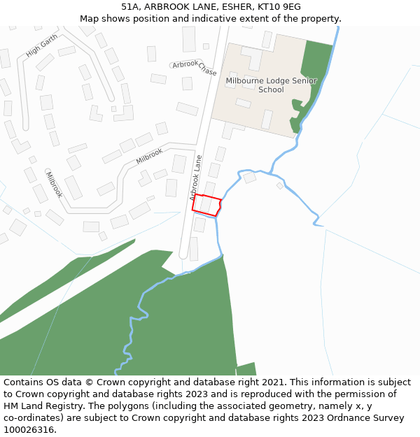 51A, ARBROOK LANE, ESHER, KT10 9EG: Location map and indicative extent of plot