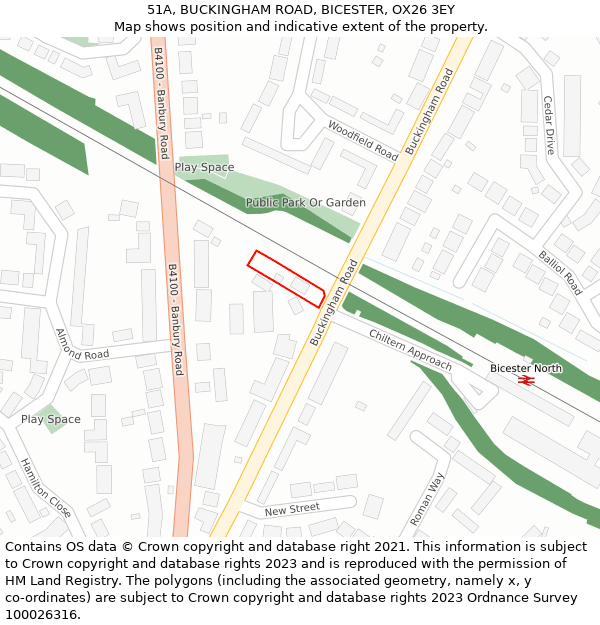 51A, BUCKINGHAM ROAD, BICESTER, OX26 3EY: Location map and indicative extent of plot